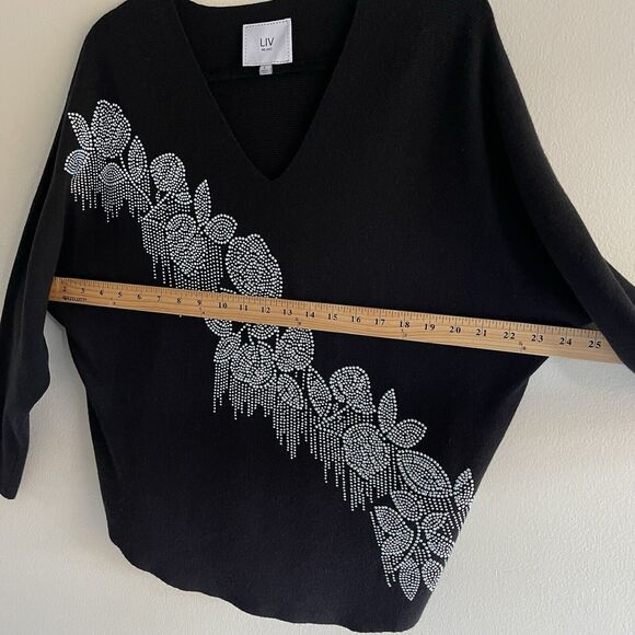 Liv Milano Black Evening Sweater L Top Floral Metallic Beading Knit Lightweight - Picture 5 of 10